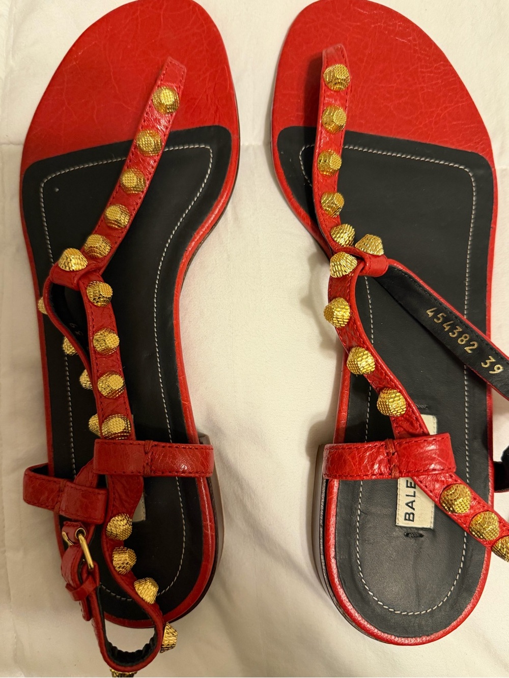 Balenciaga Red Leather T-Strap Sandals with Gold Studs